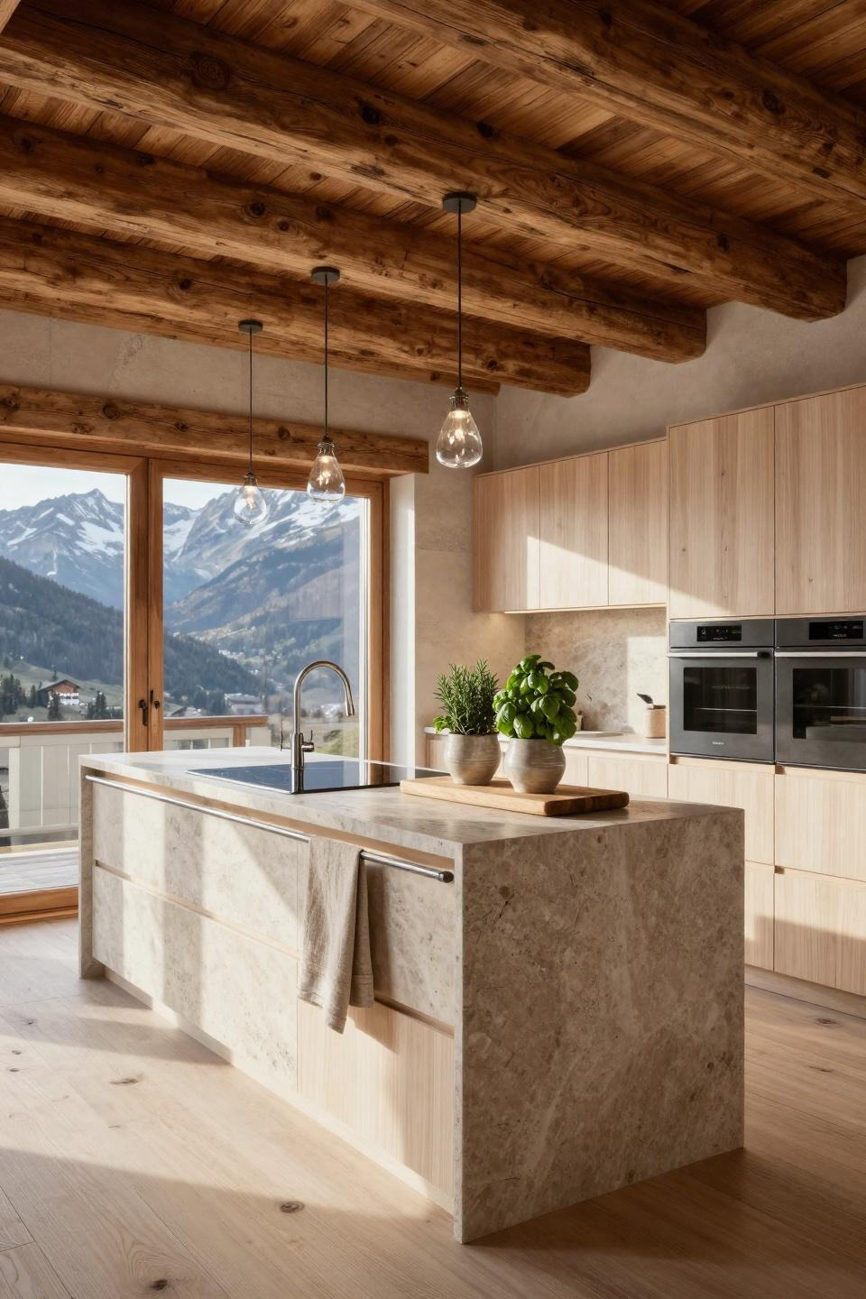 L shaped modular kitchen with Jerusalem limestone and reclaimed timber