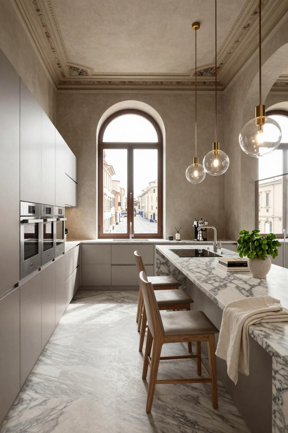 Parallel kitchen design with platinum cabinetry and Calacatta porcelain
