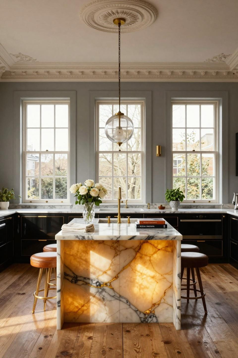 Indian modular kitchen with translucent onyx island and gold fixtures