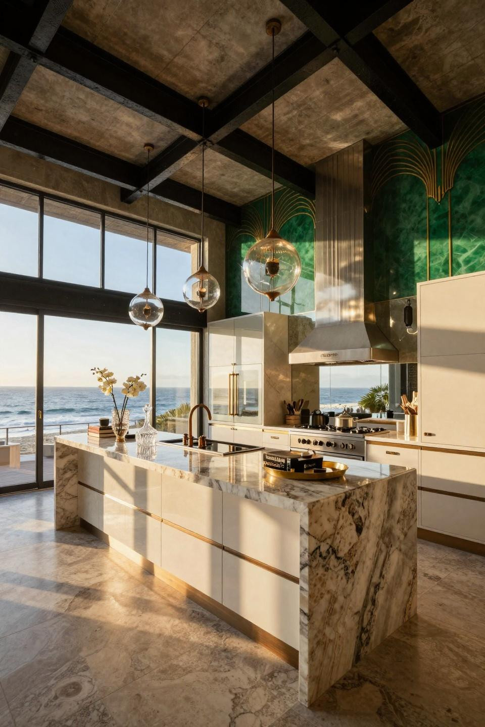 Modular kitchen interior with travertine waterfall island and brass fixtures
