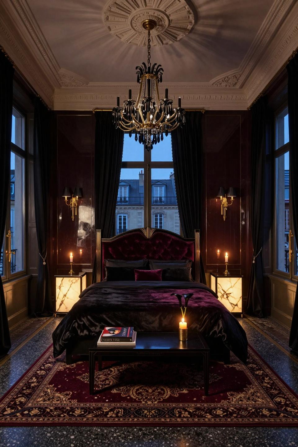 Dark feminine bedroom aesthetic with Farrow & Ball Railings high-gloss walls and onyx side tables