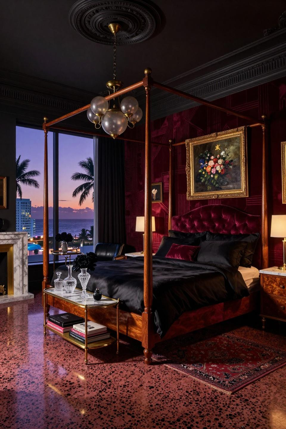 Dark feminine bedroom aesthetic with original 1930s terrazzo Veneziano floors and mahogany four-poster