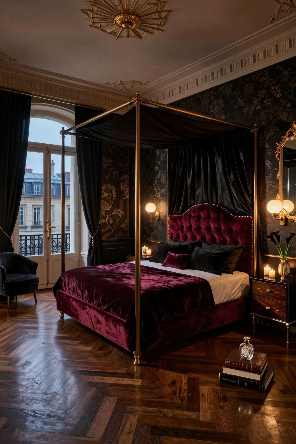 Dark feminine bedroom aesthetic with Christian Liaigre custom bed and chevron ebonized oak floors