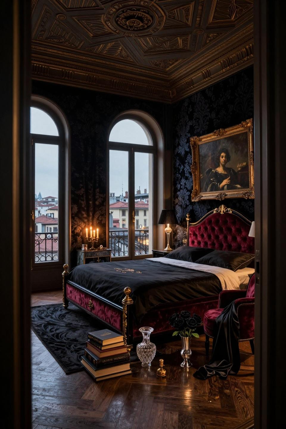 Dark feminine bedroom aesthetic in 17th-century Milanese palazzo with coffered ceilings