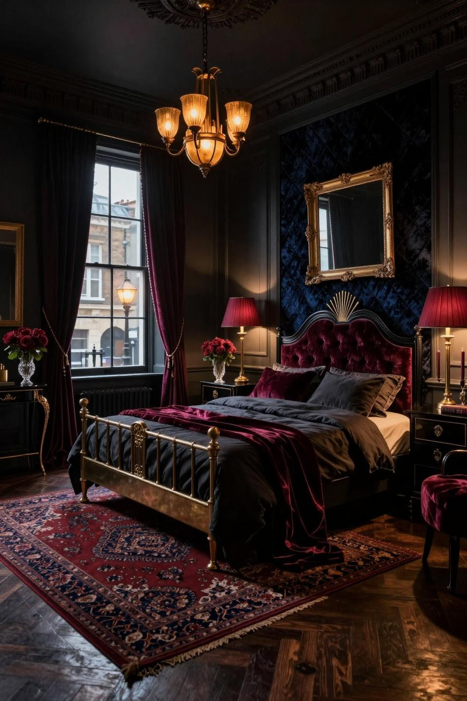 Dark feminine bedroom aesthetic with hand-carved ebony bed frame and antique Persian rug