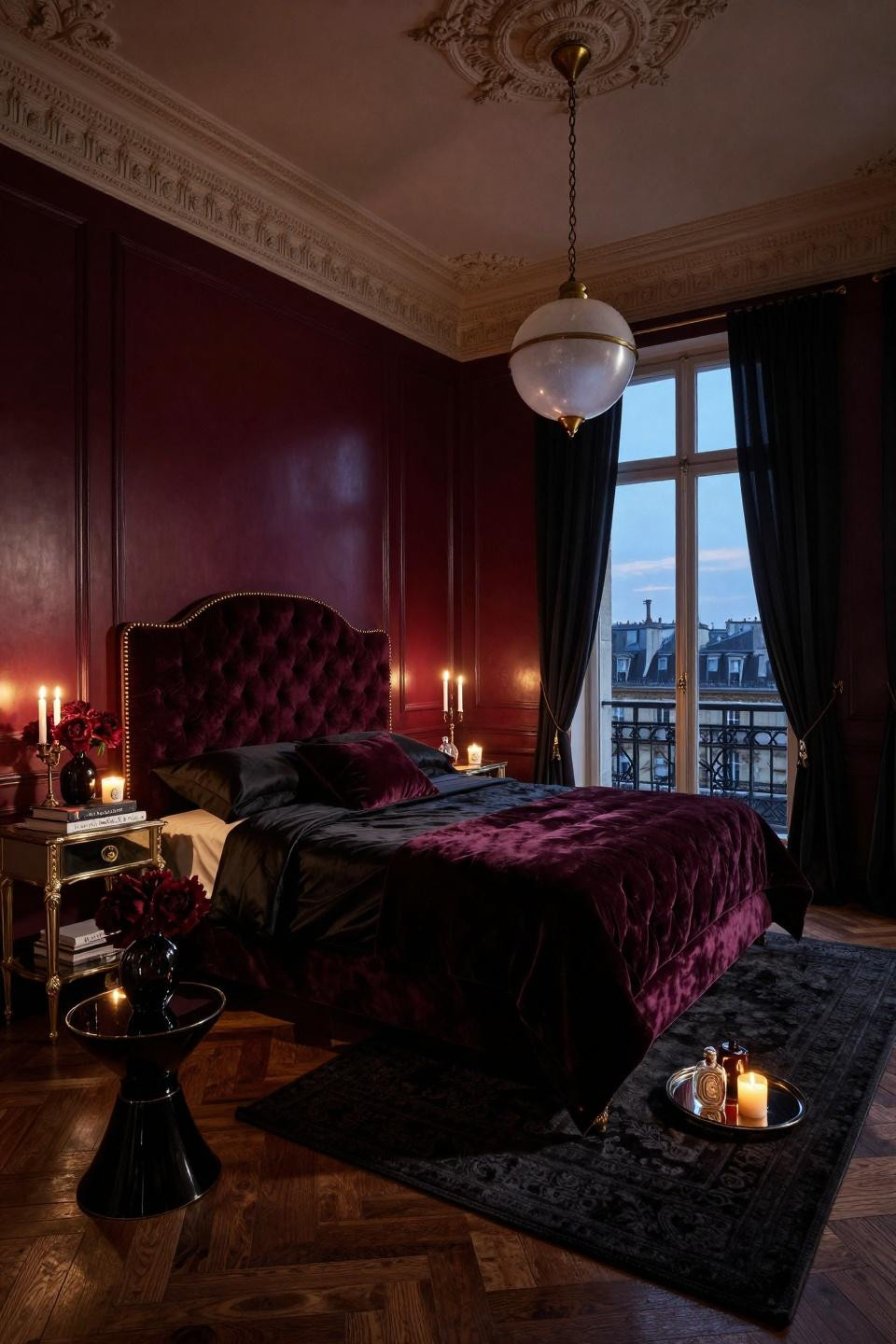 Dark feminine bedroom aesthetic featuring Hollywood Regency curved velvet headboard with brass nailhead trim