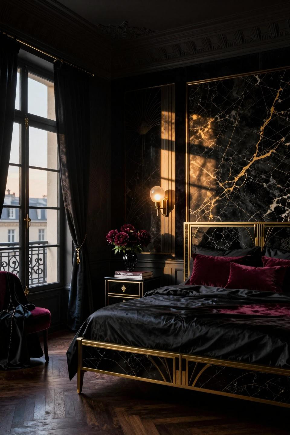 Dark coquette room with backlit book-matched black onyx headboard panels showing golden veining