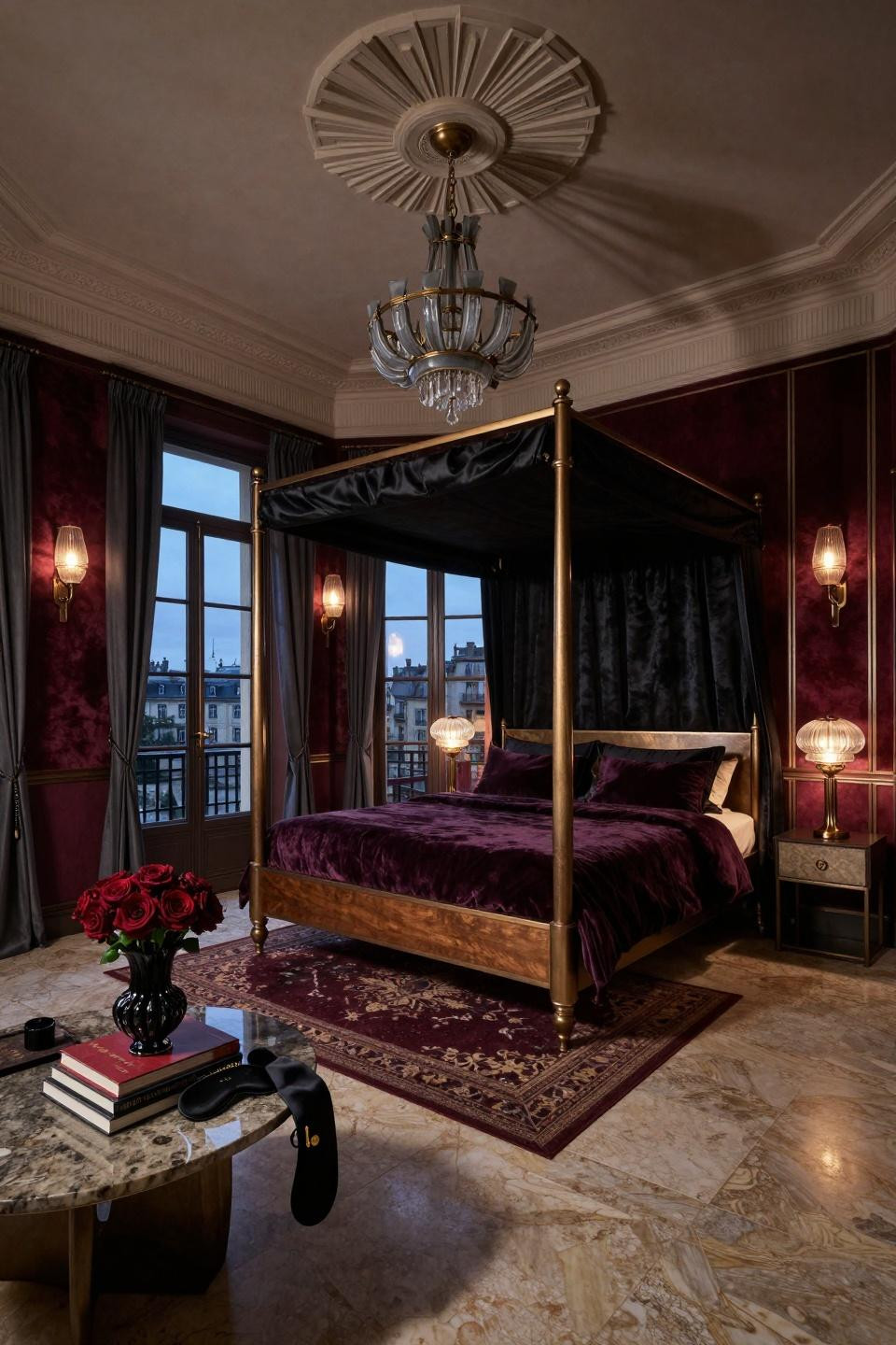 Dark feminine bedroom with travertine flooring and custom bronze four-poster bed