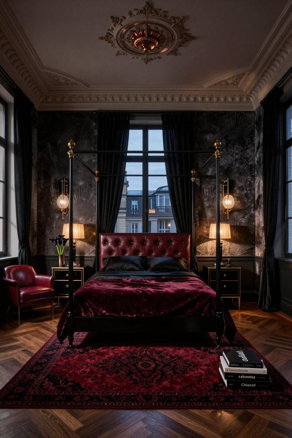 Romantic goth bedroom with Christian Liaigre macassar ebony nightstands and saddle leather headboard