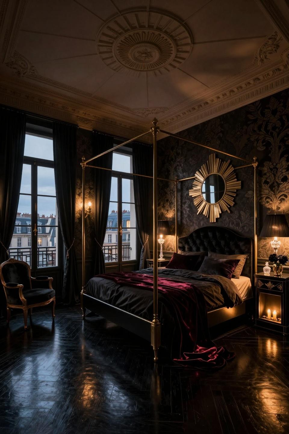 Romantic goth room with four-poster blackened steel bed and gold sunburst details