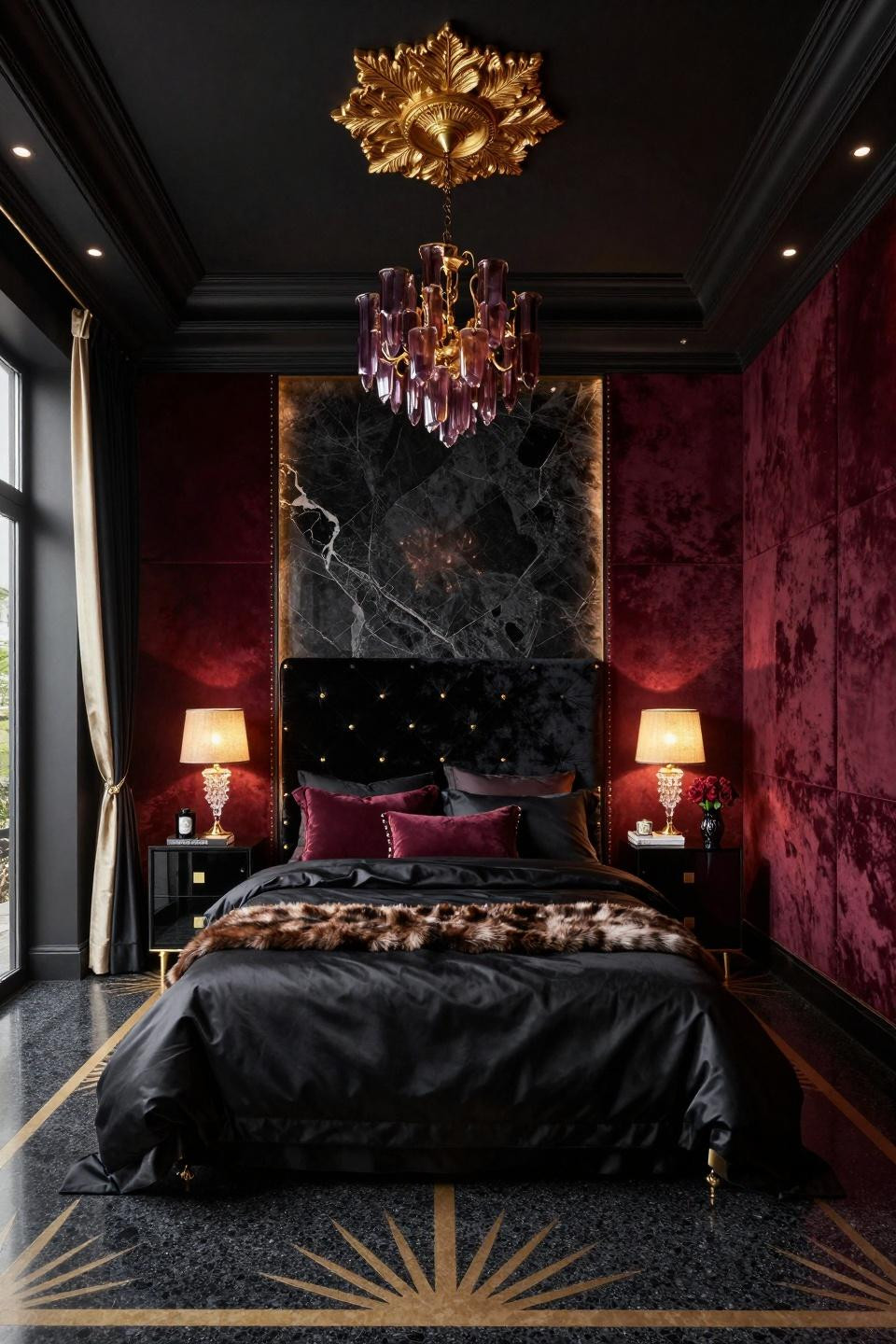 Moody feminine bedroom with black lacquered coffered ceiling and brass terrazzo inlays