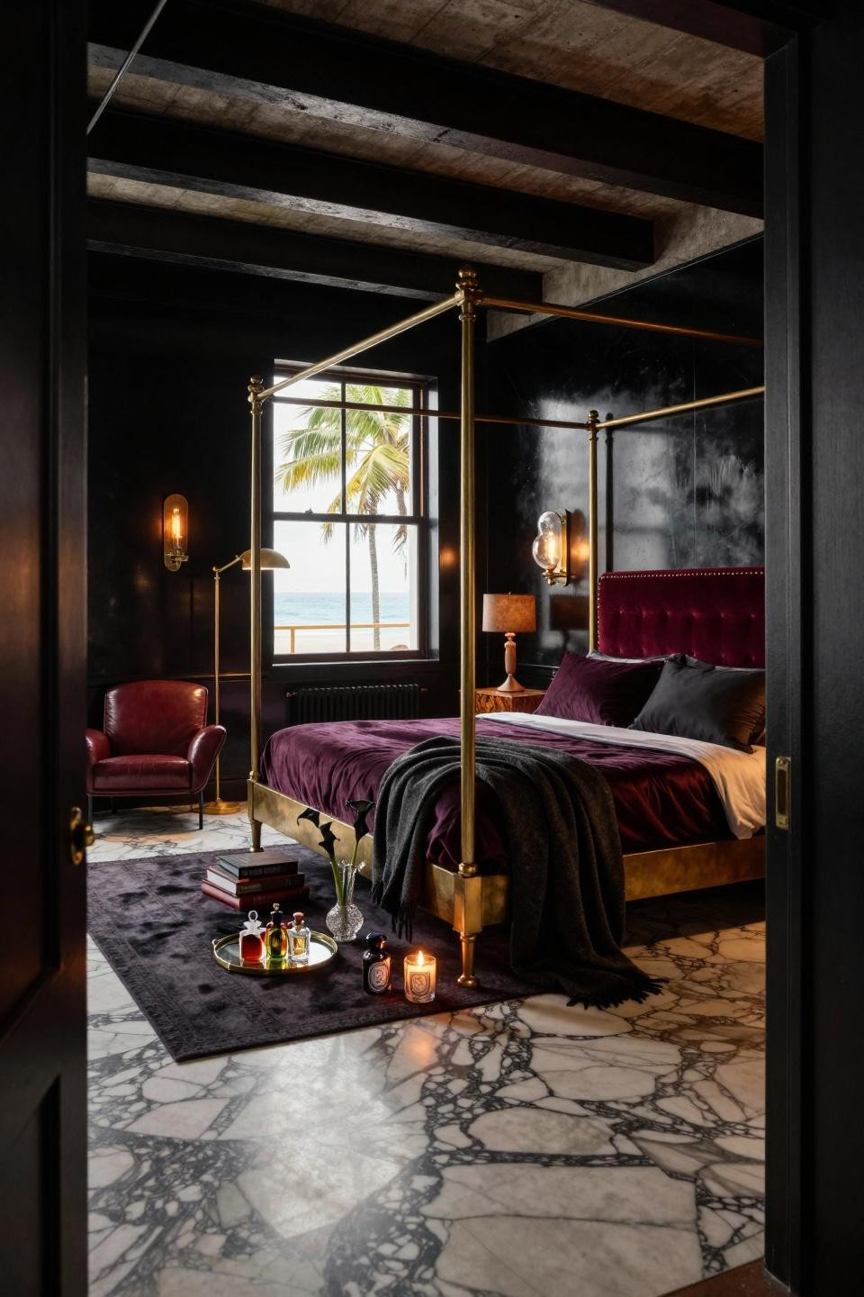 Dark feminine decor with Benjamin Moore Black Beauty high-gloss walls reflecting candlelight