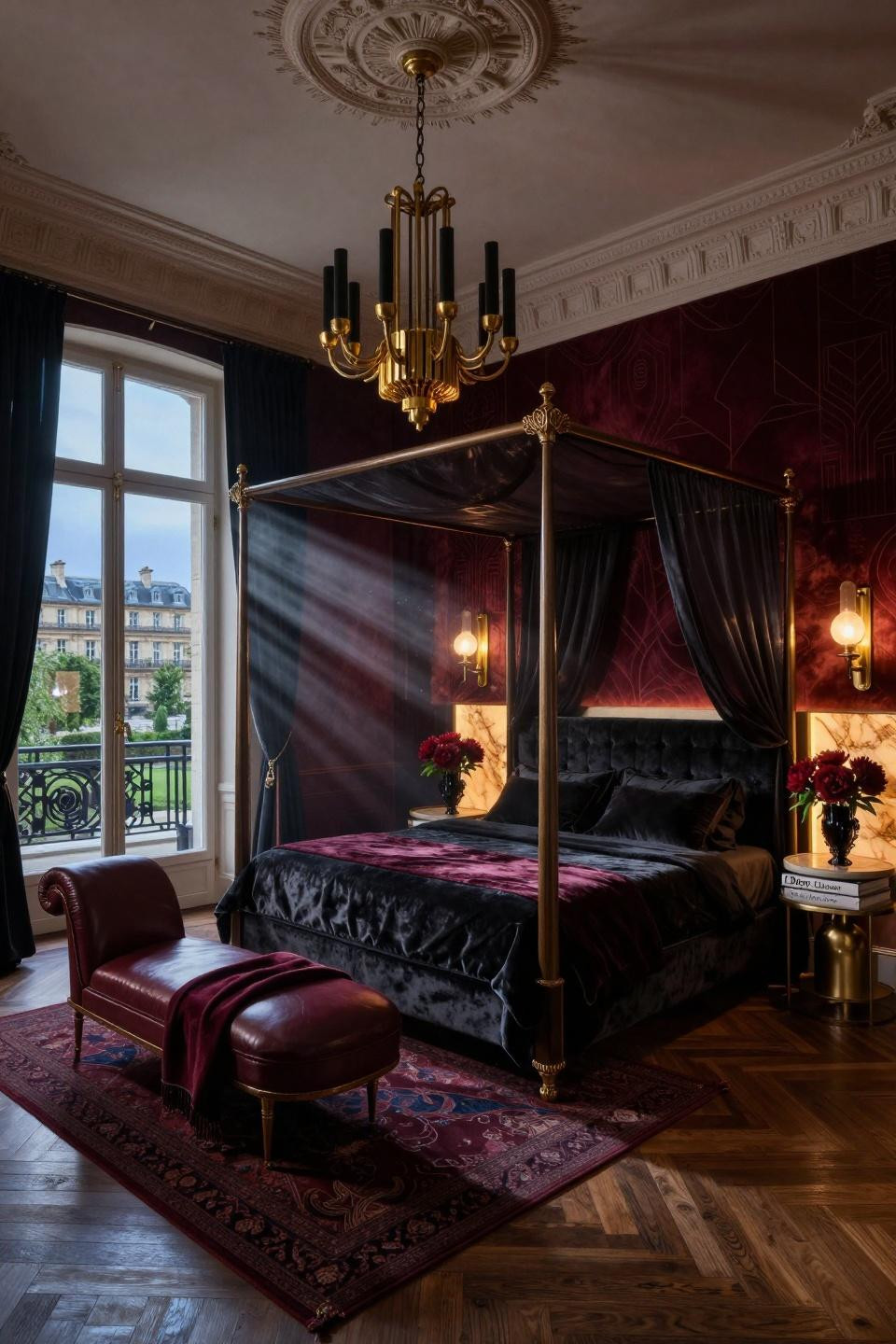 Dark cozy bedroom ideas romantic with ebonized herringbone floors and custom velvet bed