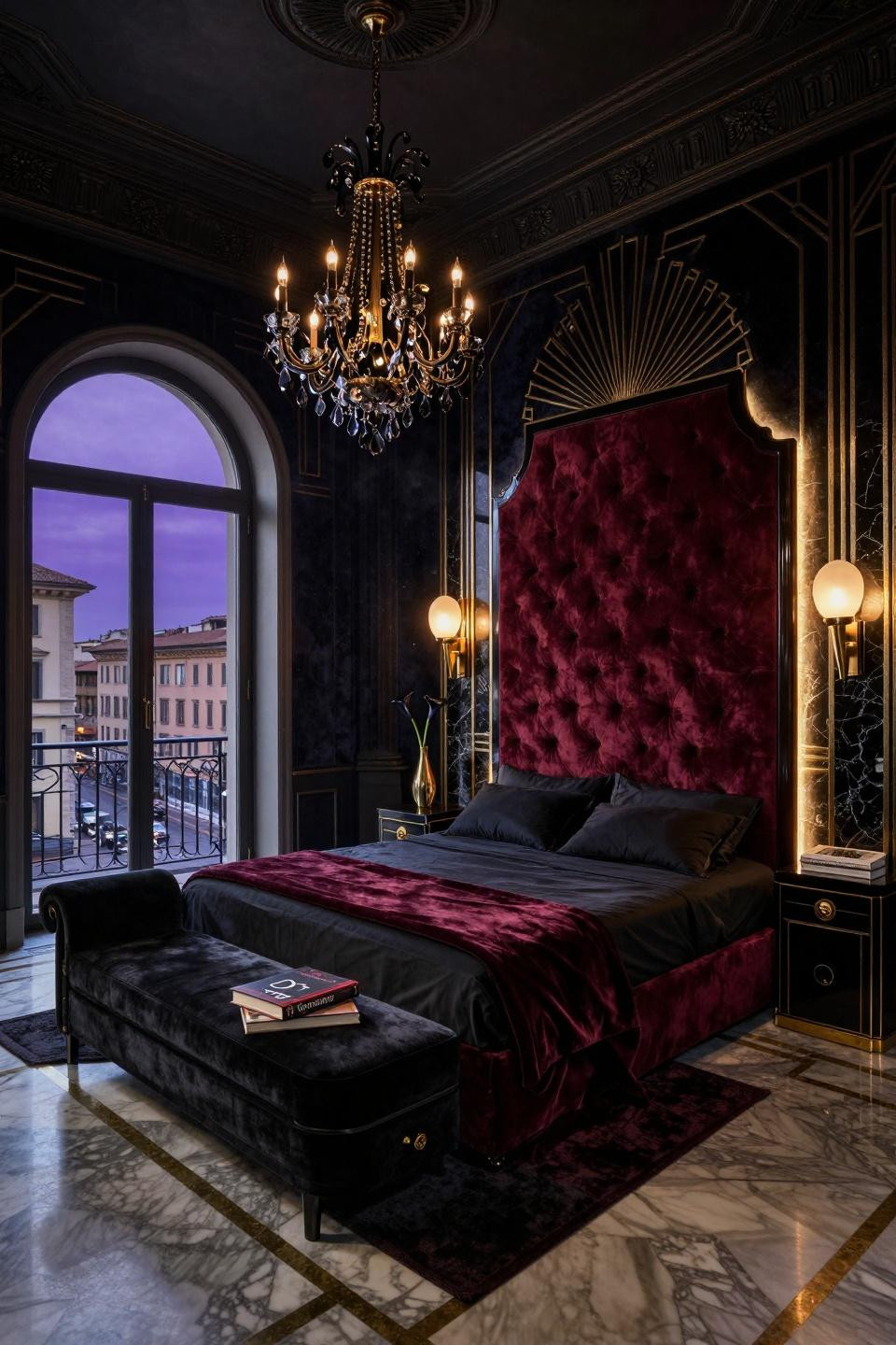 Sultry bedroom featuring ten-foot custom tufted burgundy velvet headboard