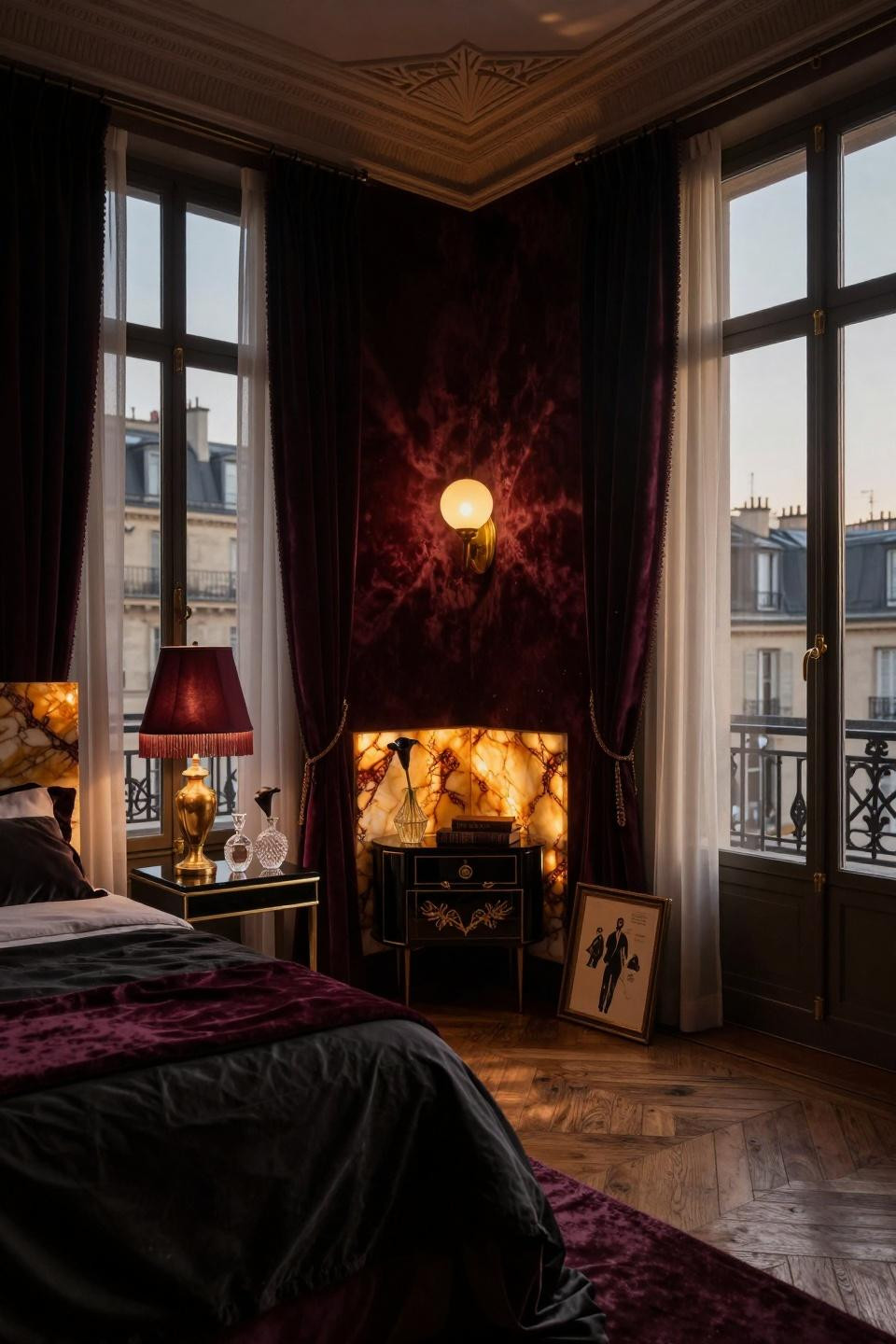 Dark romance bedroom with Art Deco ebony furniture and gold leaf details
