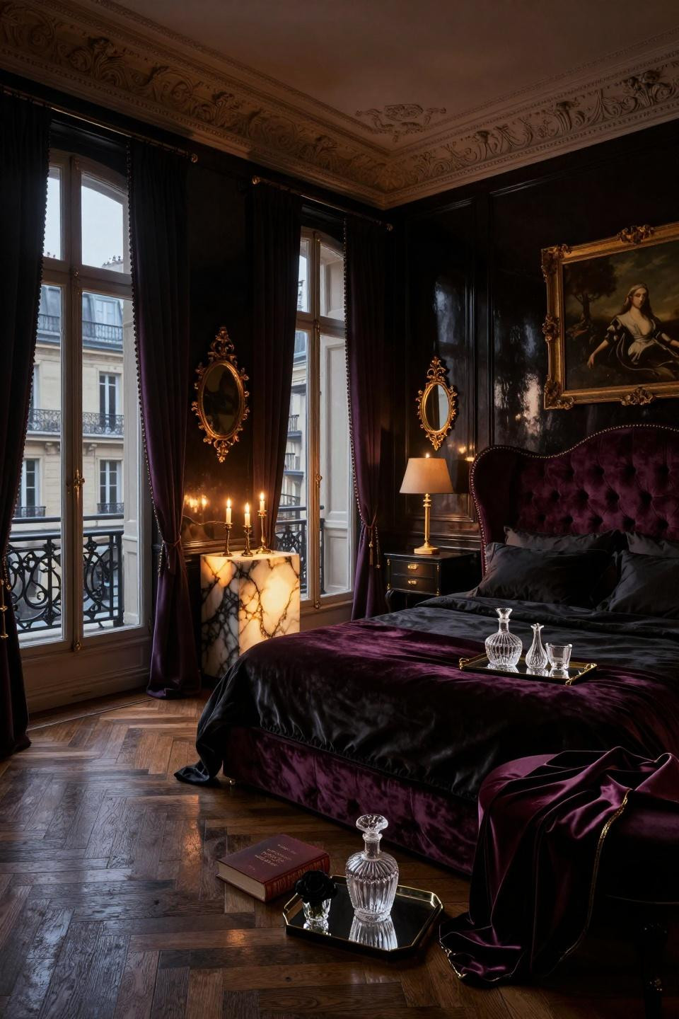Dark feminine bedroom aesthetic featuring backlit onyx headboard panels with natural veining