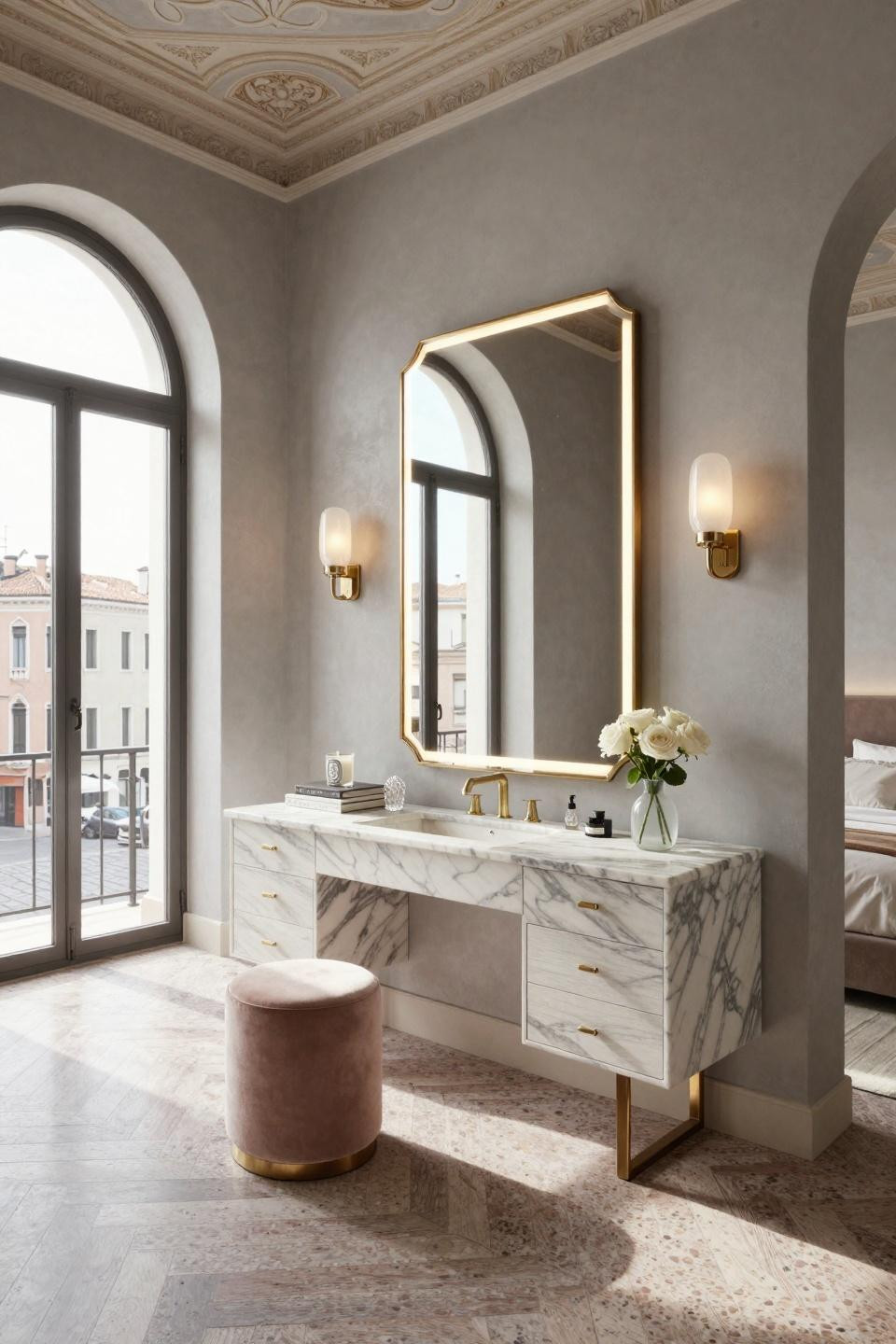 Bedroom vanity decor with Calacatta marble and brass in Milan penthouse