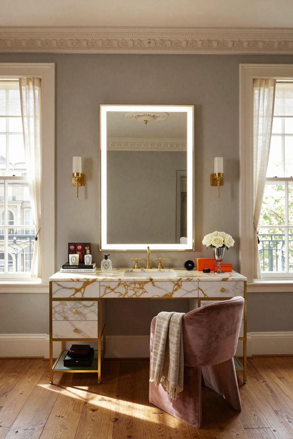 Bedroom vanity decor with Calacatta marble and brass fixtures in London townhouse