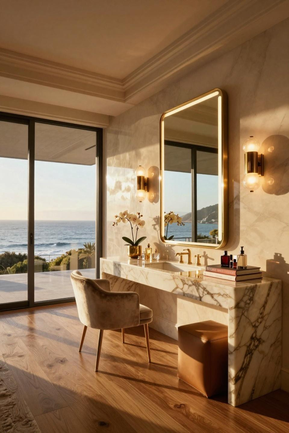Bedroom vanity decor with Calacatta marble and brass mirror in Malibu beach house