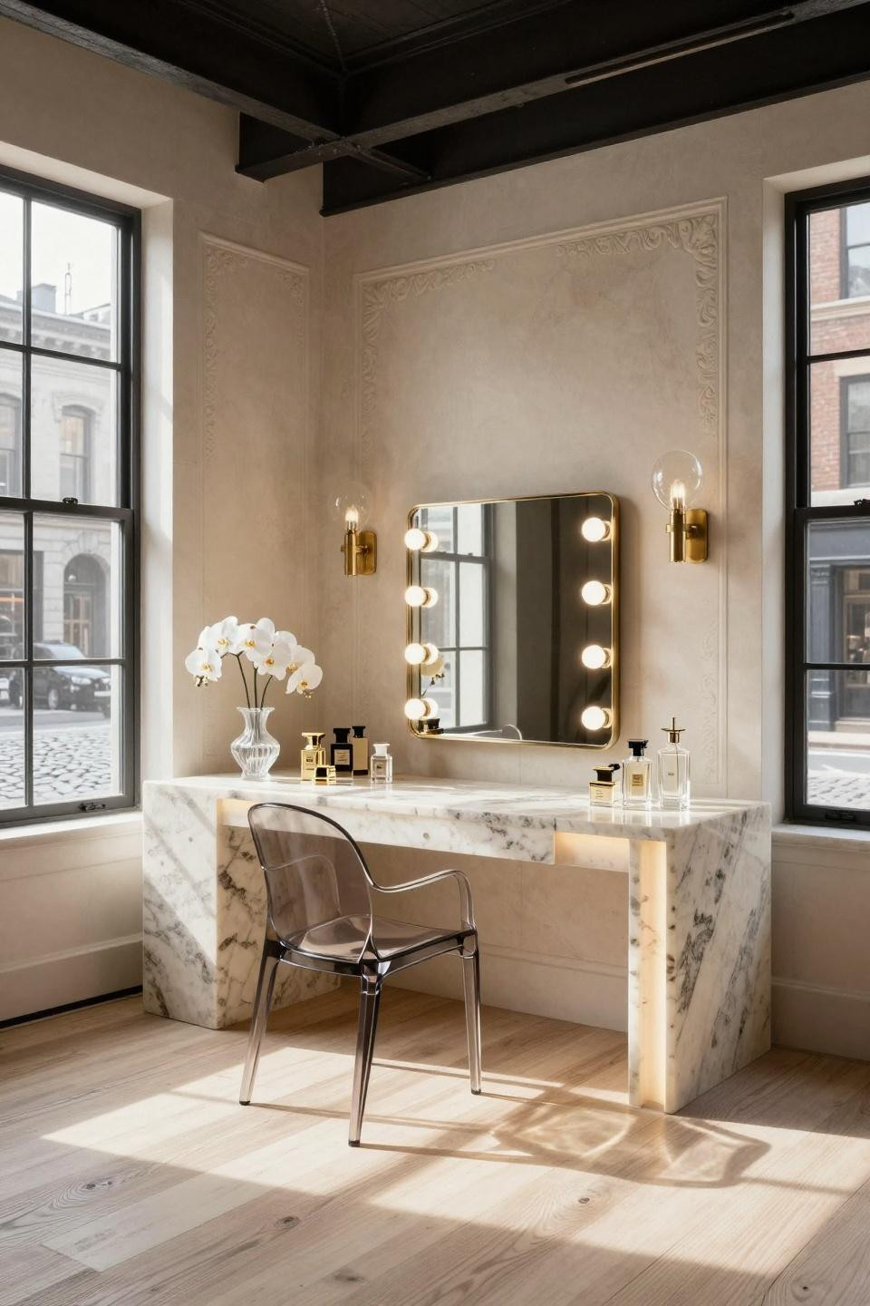 Bedroom vanity decor with Jerusalem limestone and nickel fixtures in Tribeca loft