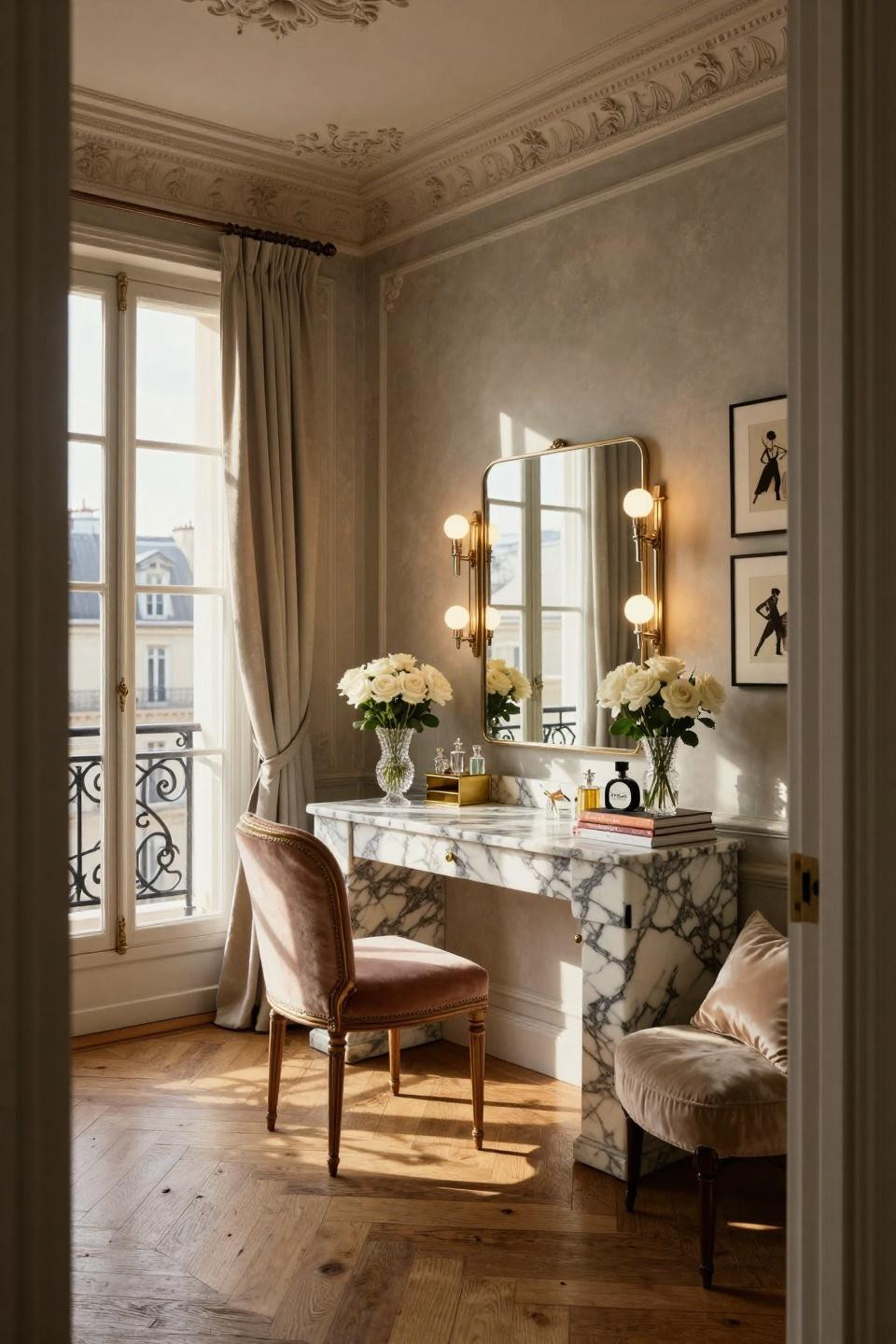 Bedroom vanity decor with Calacatta porcelain and Hollywood mirror in Parisian penthouse