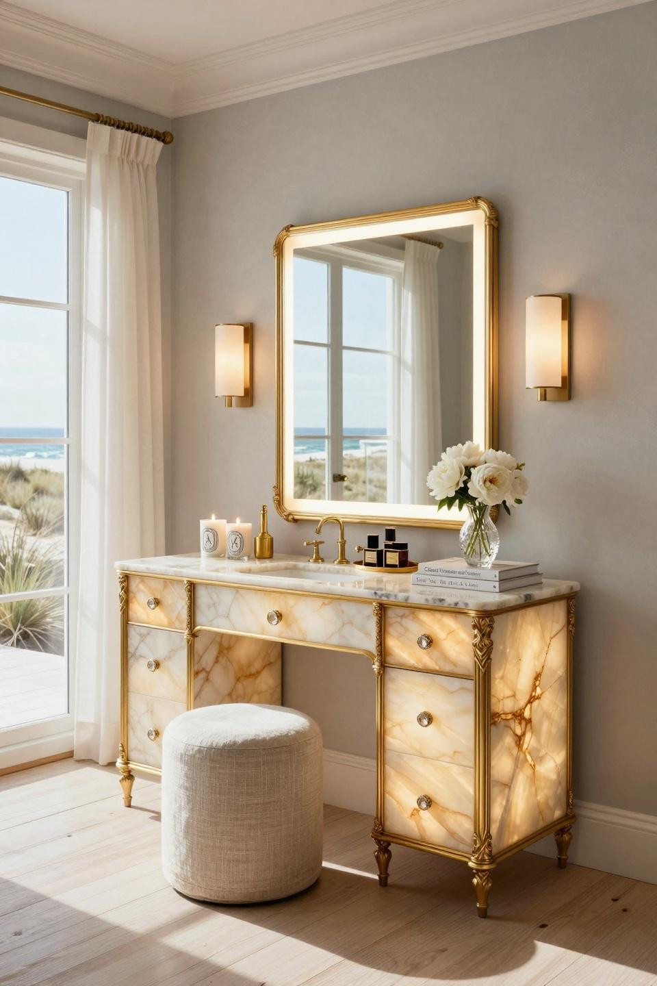 Bedroom vanity decor featuring backlit onyx and gold leaf in Hamptons beach house
