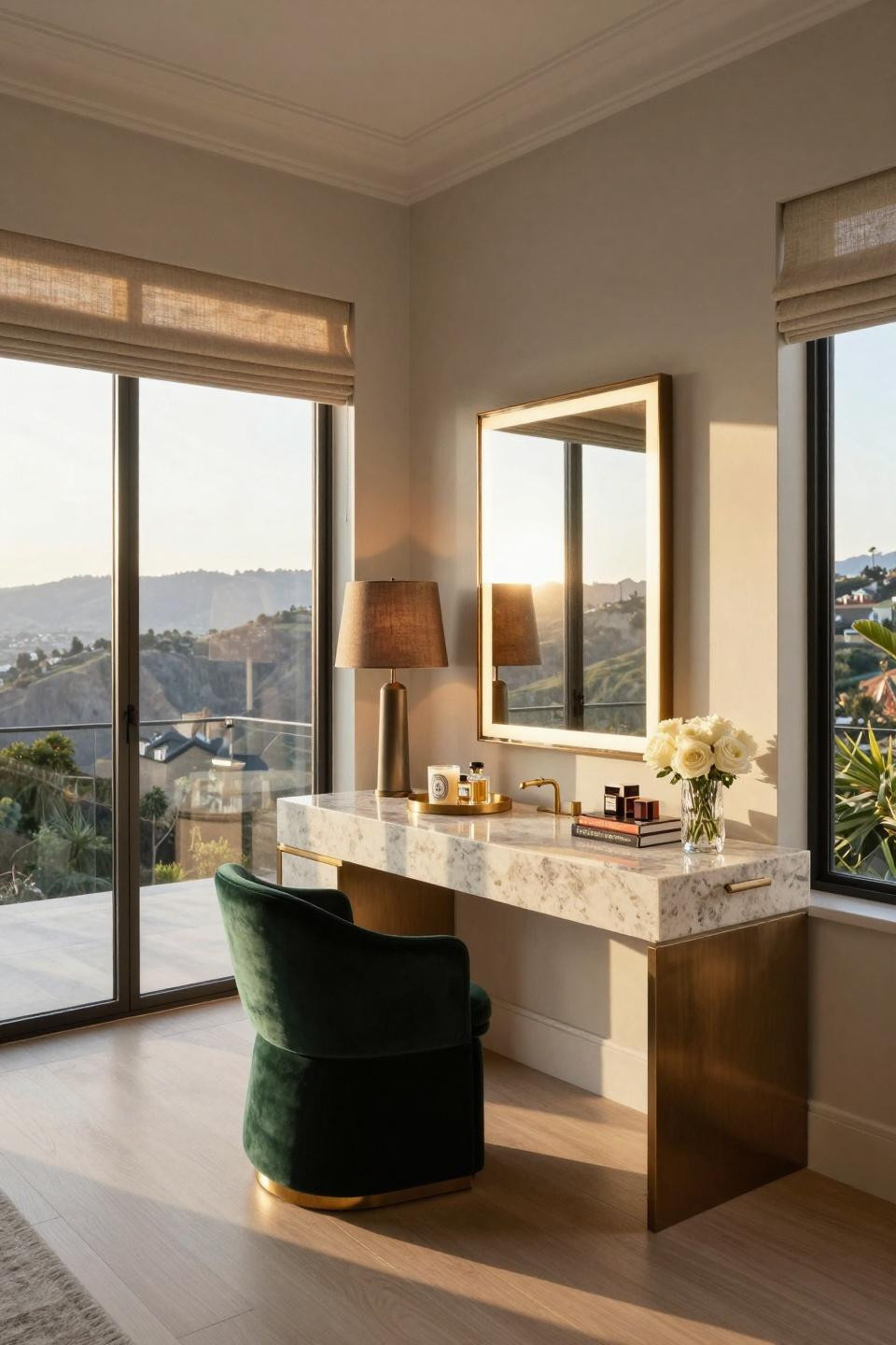 Bedroom vanity decor with travertine waterfall and bronze fixtures in Trousdale Estates