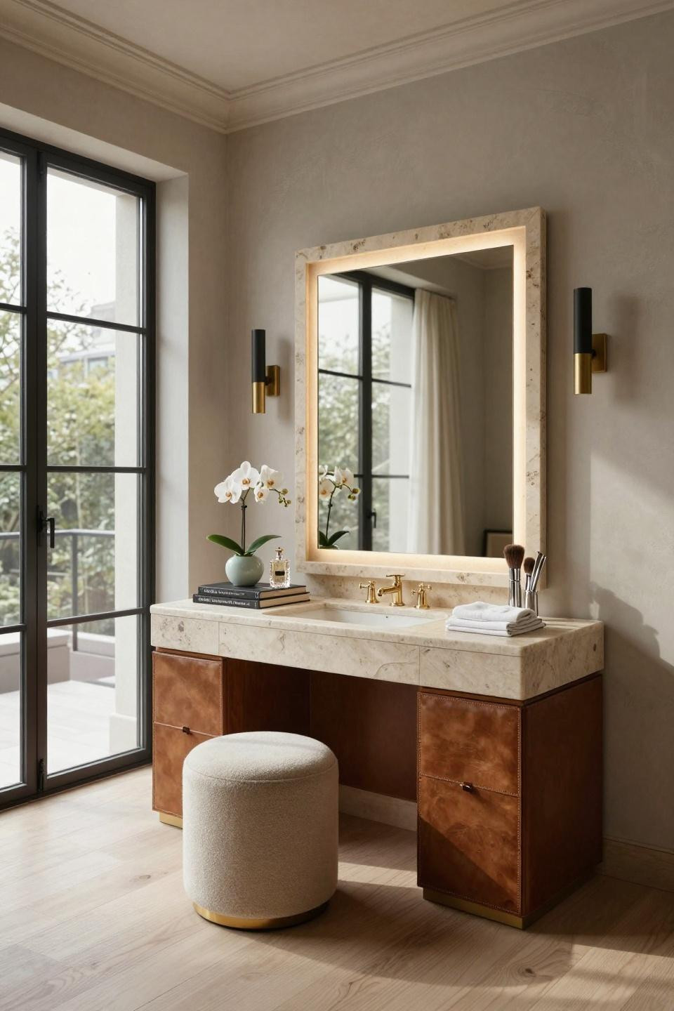 Bedroom vanity decor with limestone and hand-carved frame in Tokyo penthouse