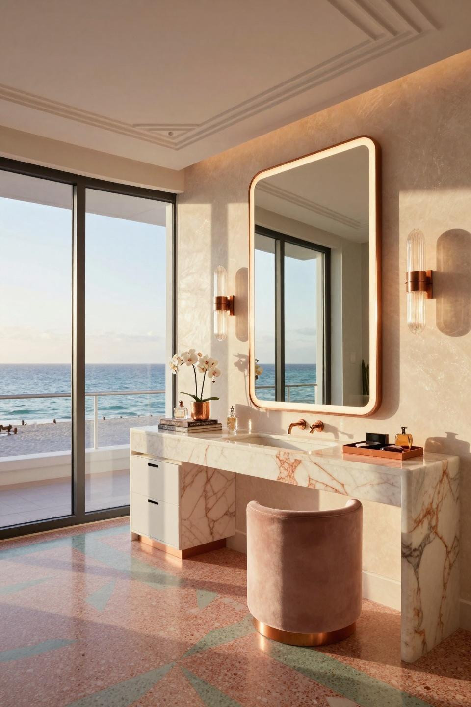 Bedroom vanity decor featuring backlit quartzite and aged copper in Miami beach house