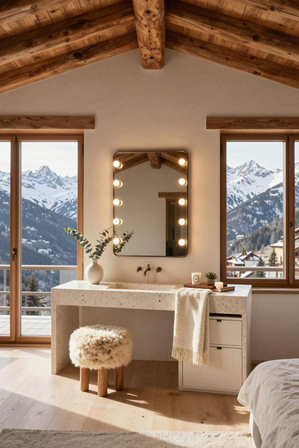 Bedroom vanity decor with travertine and Hollywood mirror in Swiss alpine chalet