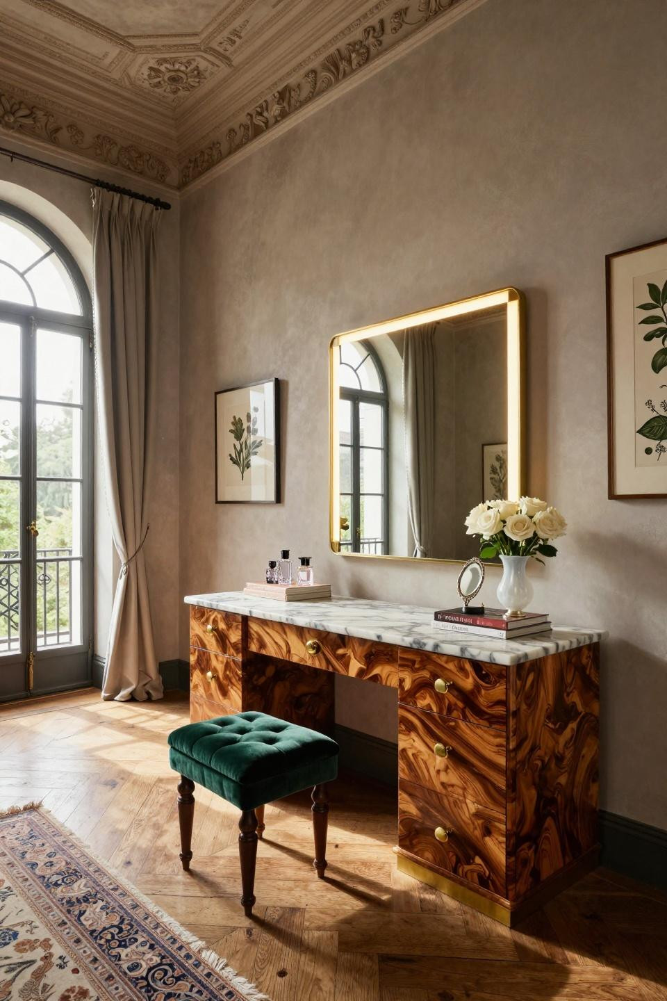 Bedroom vanity decor featuring Calacatta marble and Hollywood mirror in Milanese villa