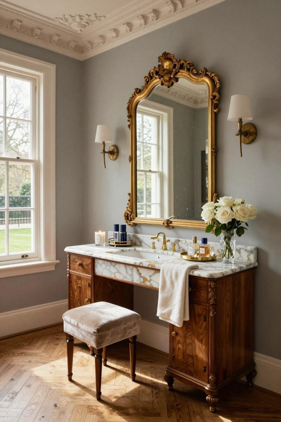 Bedroom vanity decor with Calacatta Gold marble and gilt Venetian mirror in London townhouse