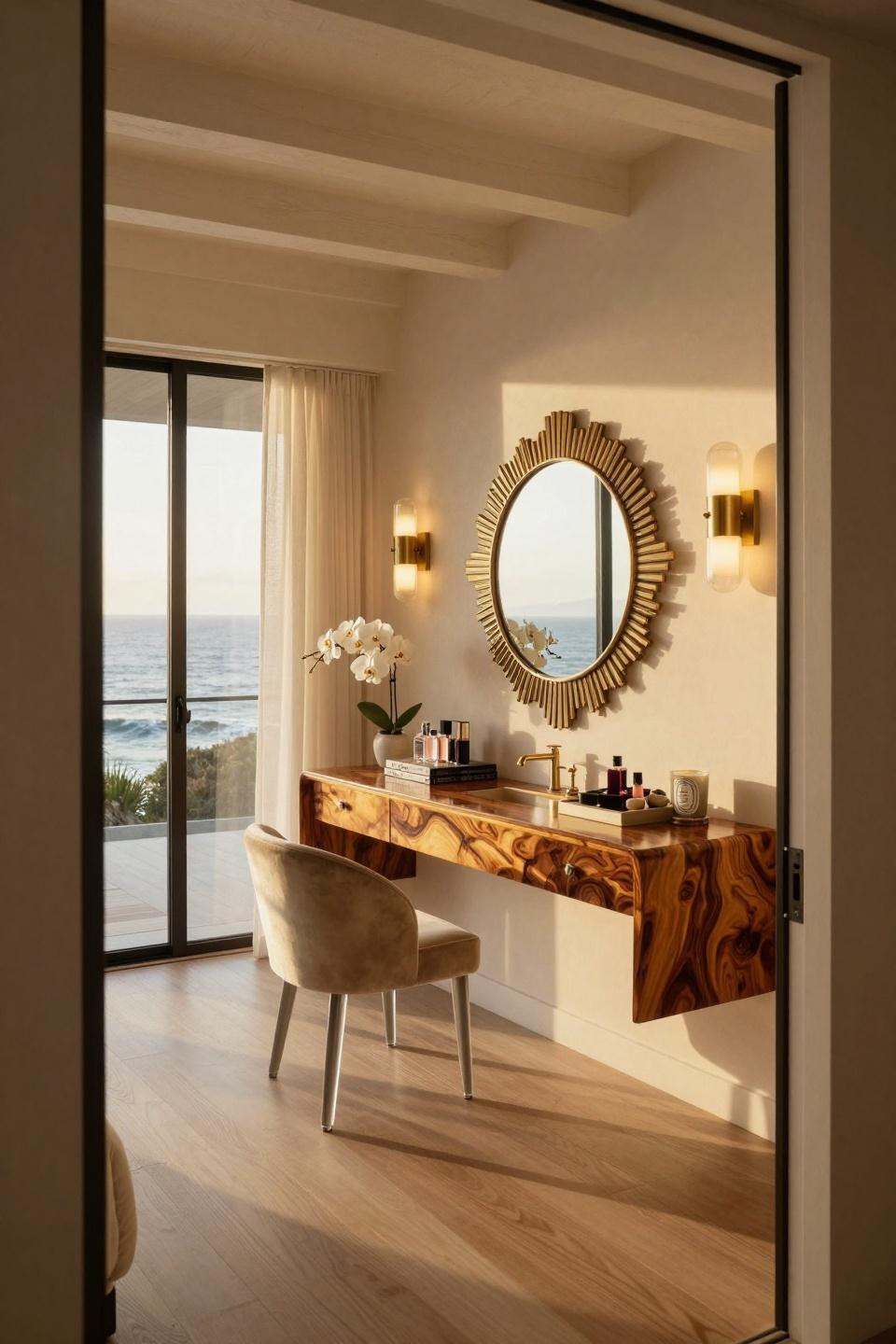 Aesthetic vanity ideas with walnut burl and brass sunburst mirror overlooking Pacific Ocean