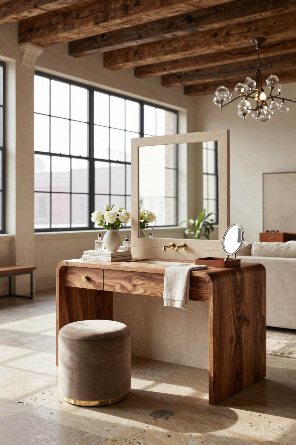 Vanity organization featuring book-matched walnut burl and polished nickel in Tribeca loft