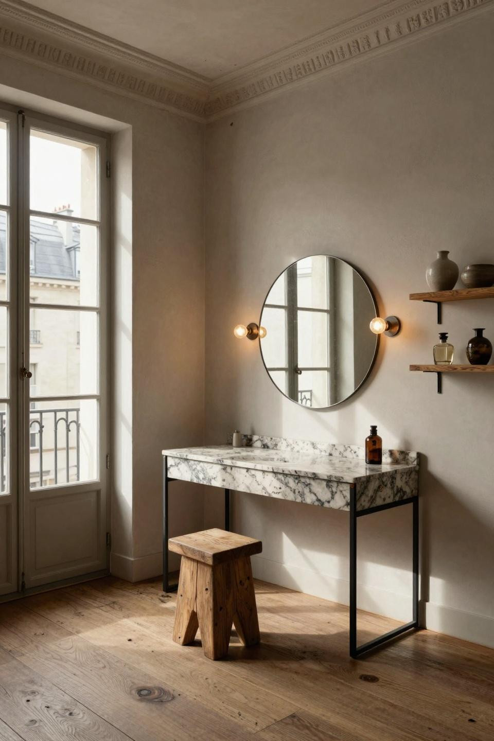 Vanity ideas aesthetic with honed granite and blackened steel in Parisian Haussmann apartment