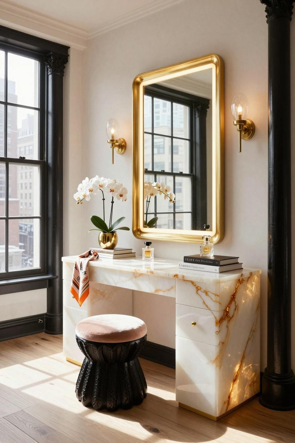 Vanity table ideas with backlit honey onyx and gold leaf in Tribeca penthouse