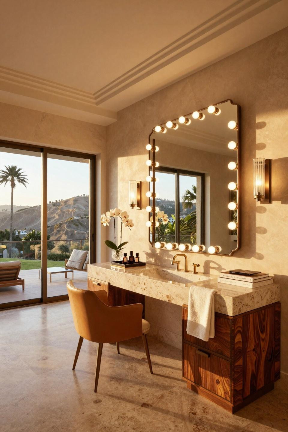 Vanity desk ideas featuring travertine waterfall edge and bronze fixtures in Beverly Hills estate