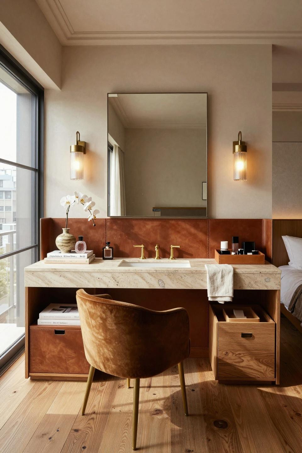 Makeup vanity ideas with Jerusalem limestone and hand-tooled leather in Tokyo apartment