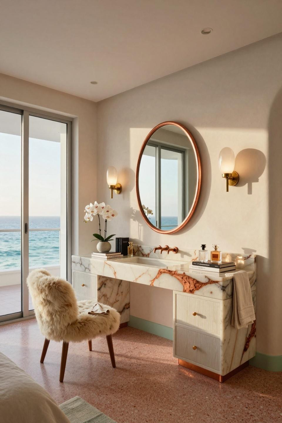 Vanity room ideas featuring backlit quartzite and aged copper in Art Deco villa