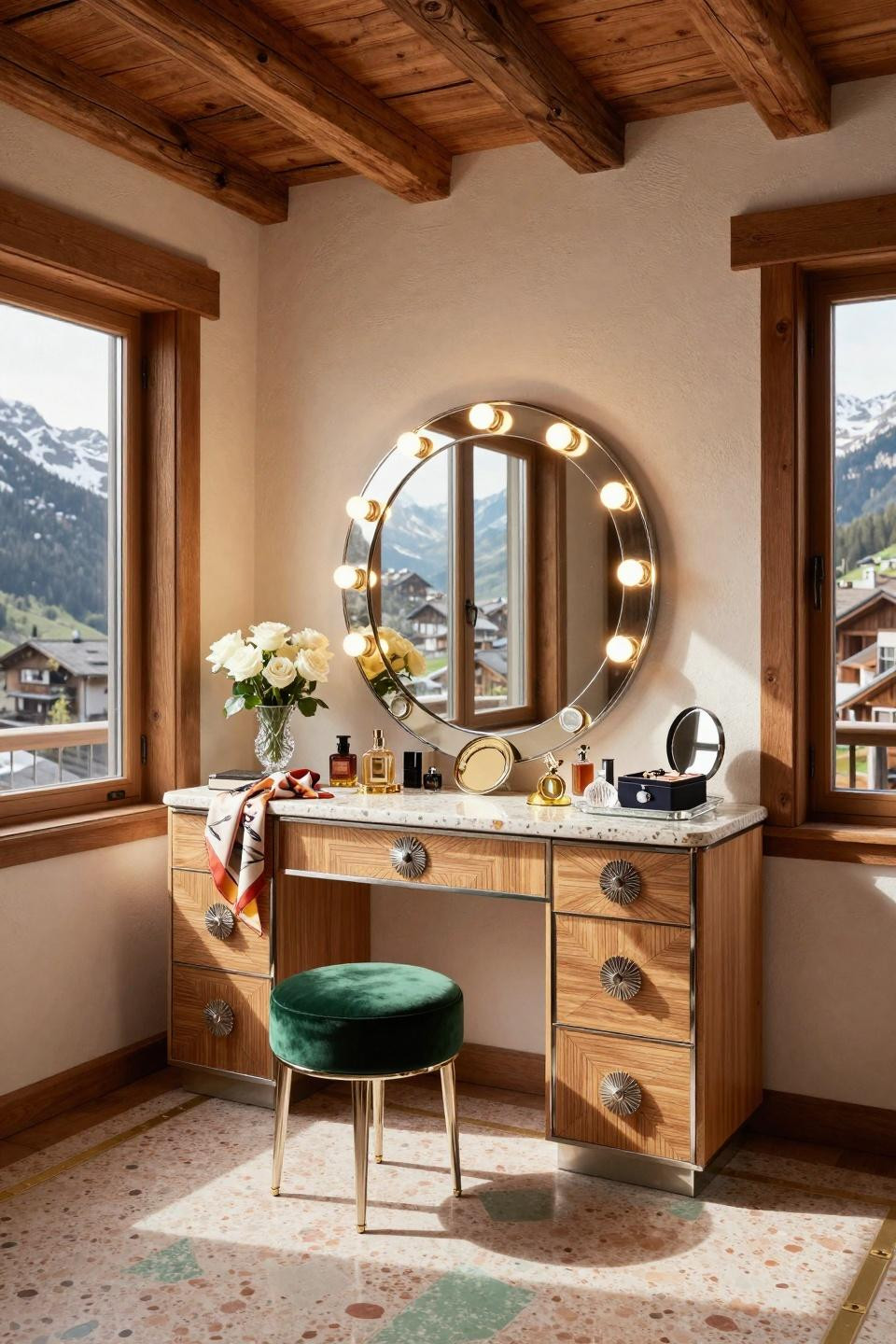 Vanity set up with terrazzo countertop and Edison bulbs in Swiss alpine chalet