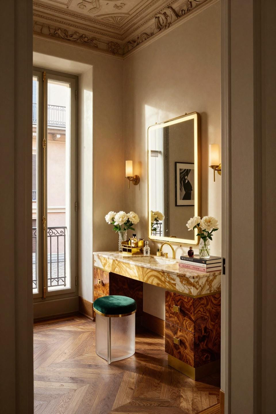 Vanity inspo featuring Calacotta Gold marble and unlacquered brass in Milan penthouse