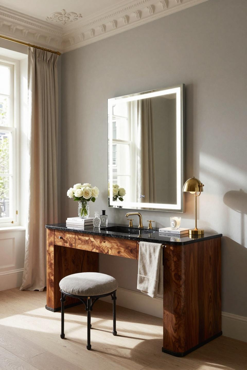 Vanity ideas bedroom with Absolute Black granite and LED mirror in Georgian townhouse