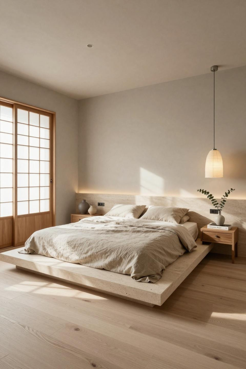 Natural bedroom featuring limestone platform bed with shoji screens in Omotesando apartment