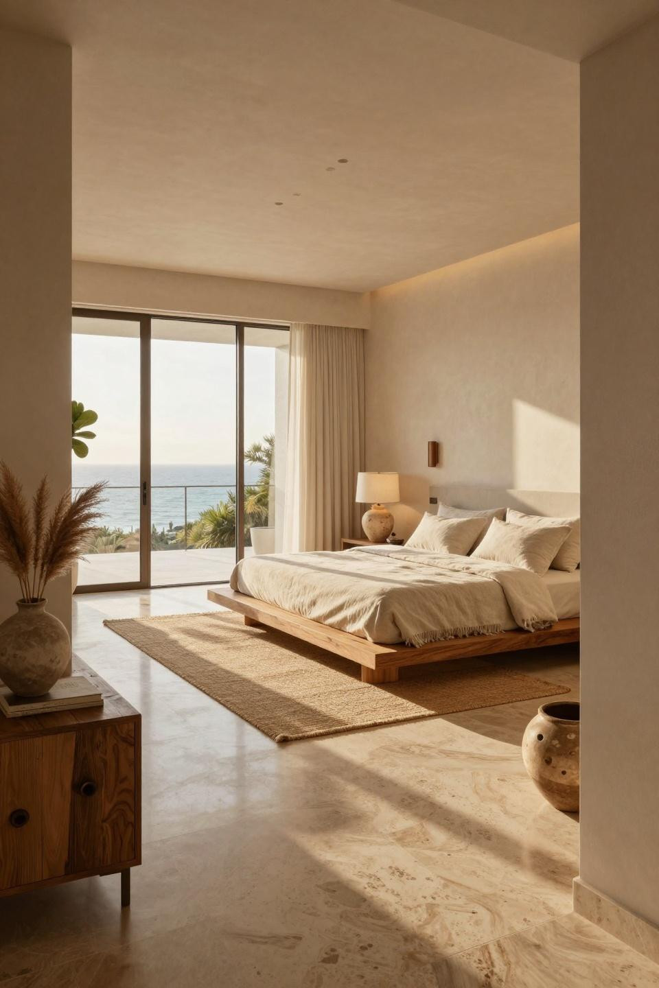 Natural bedroom with aged teak platform bed and travertine floors in South Beach villa