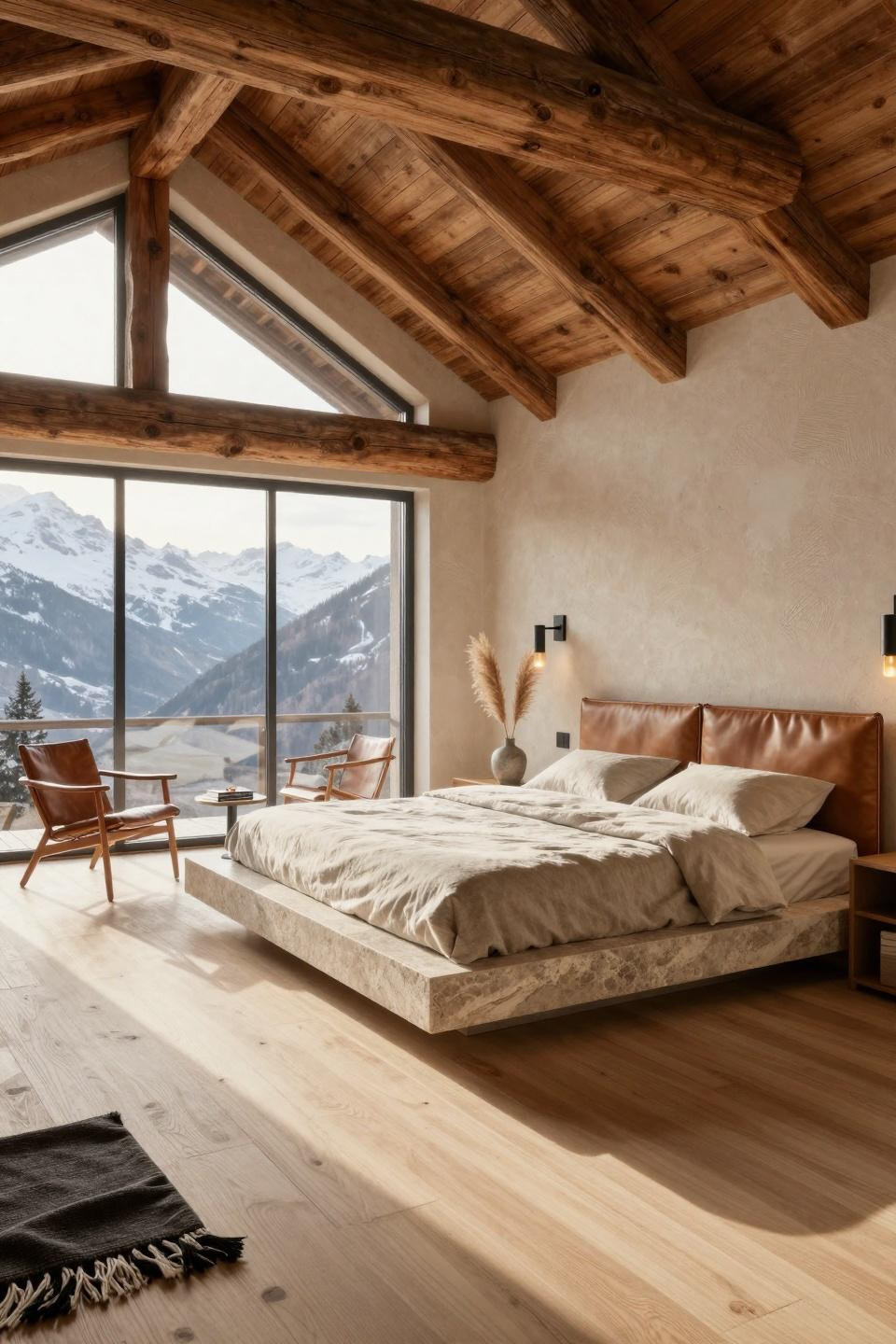 Natural bedroom featuring basalt stone platform bed with leather headboard in Swiss chalet