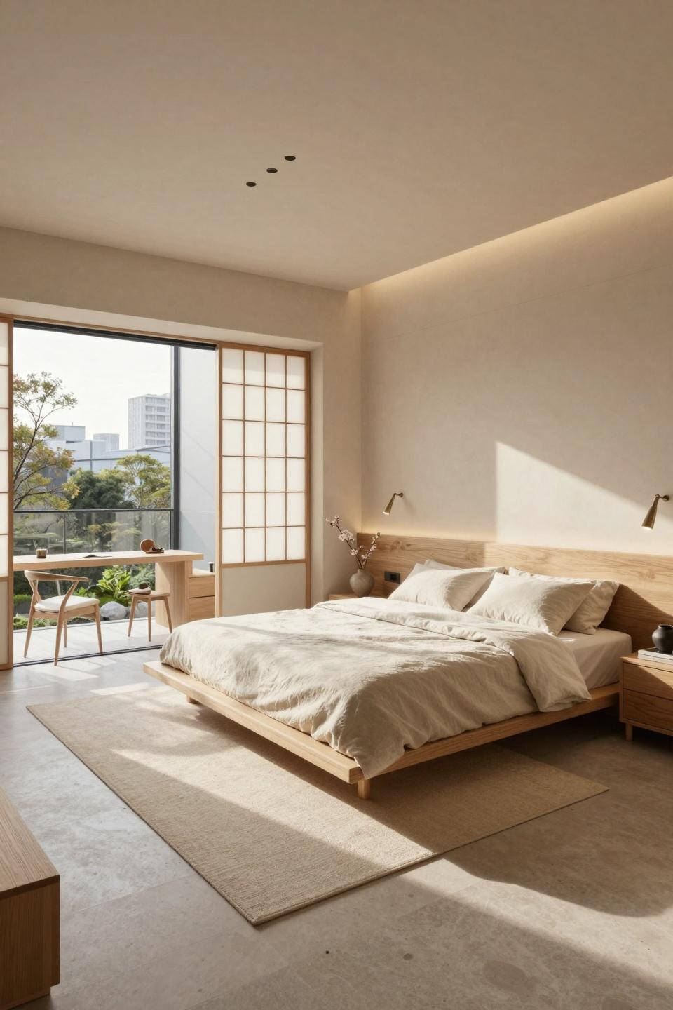 Natural bedroom with cerused oak Fredericia bed and shoji screens in Omotesando