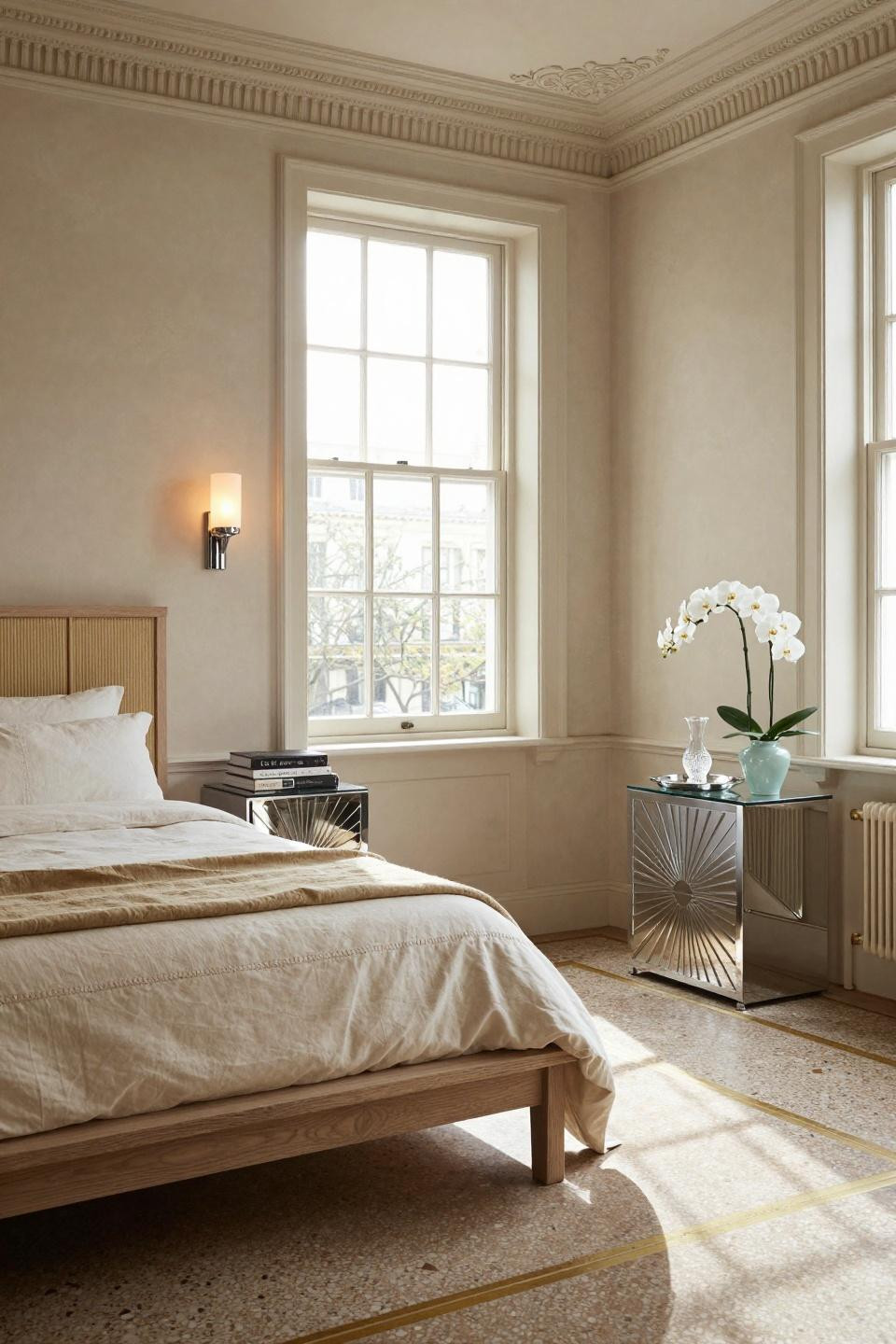 Natural bedroom showcasing cerused ash platform bed in London Kensington townhouse