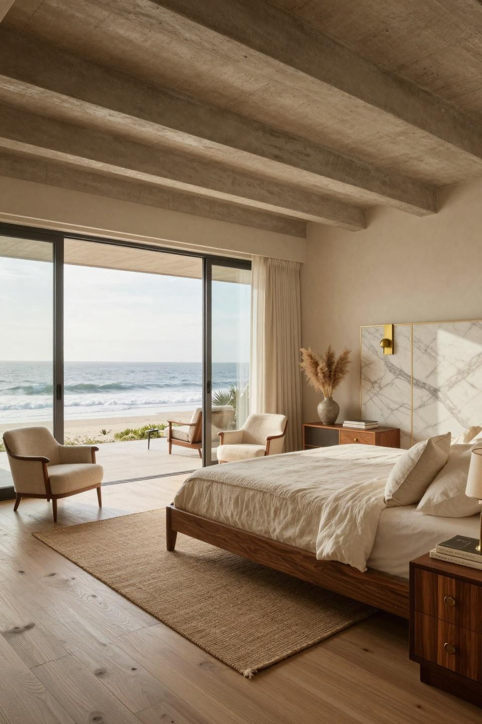 Natural bedroom featuring walnut bed with Calacatta marble wall in Pacific beach house