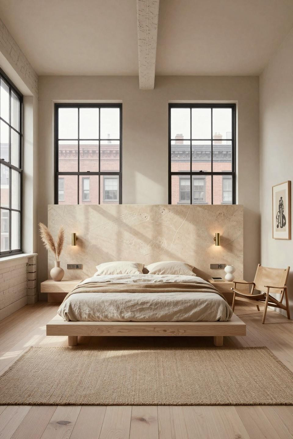 Natural bedroom with cerused oak platform bed and Jerusalem limestone in Manhattan loft