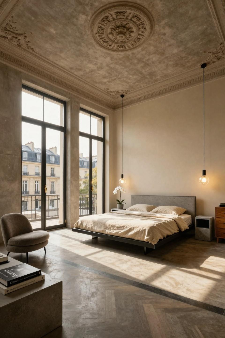 Natural bedroom featuring blackened steel platform bed in Parisian Haussmann apartment